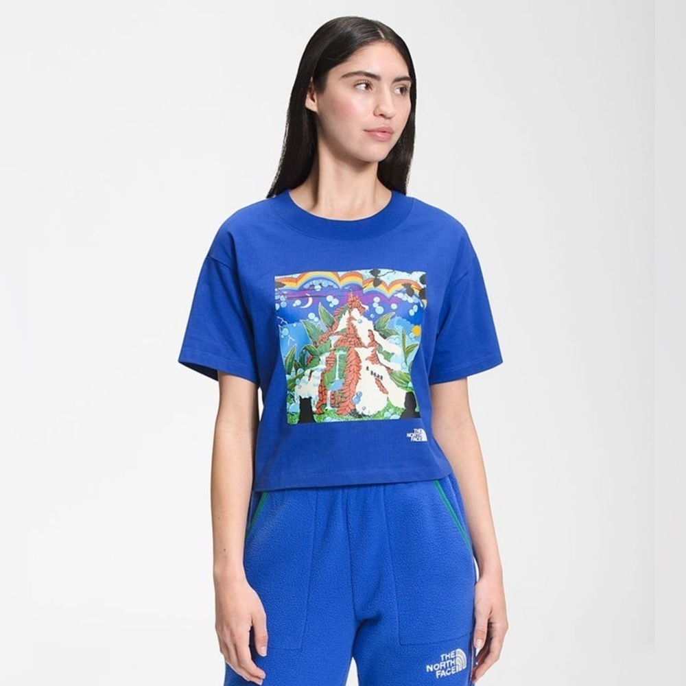 The North Face Vibrant Blue Cropped Graphic Tee 100% Cotton - size XS